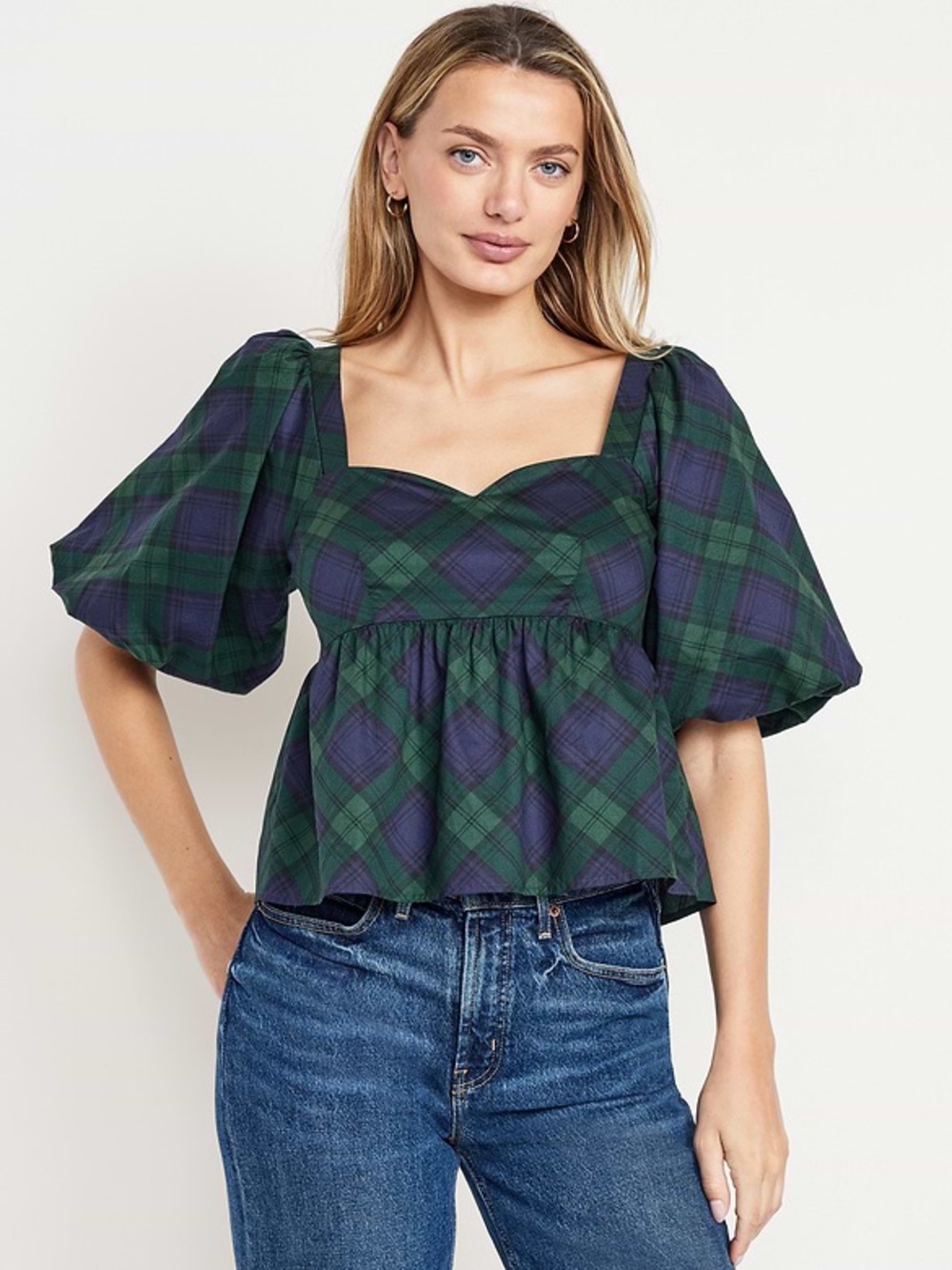 Old Navy New with Tags Size M Puff-Sleeve Plaid Poplin Peplum Top
